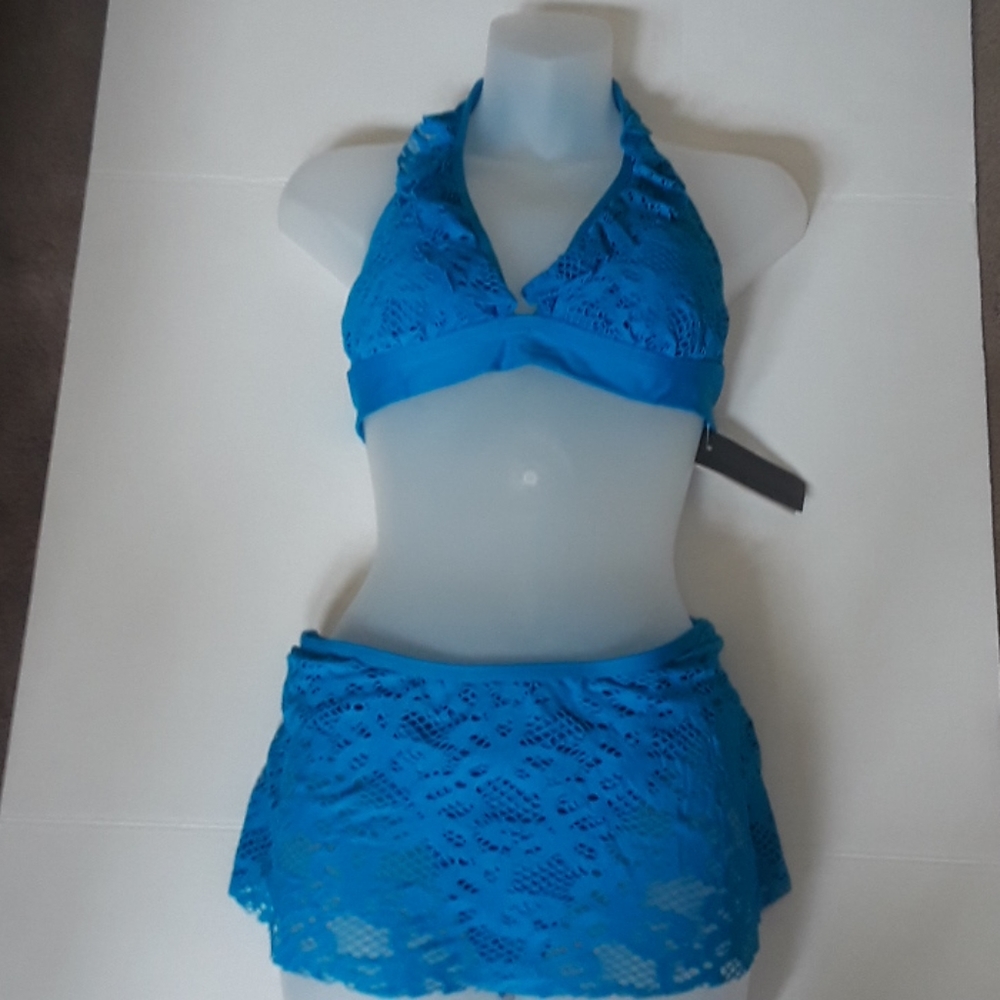 *Kenneth Cole New 2pc Turquoise Lace Overlay Halter Top & Skirt BikiniA10/A11